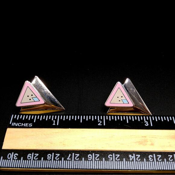 Vintage Laurel Burch "Anne" Triangle Post Earrings, Rhodium Plated, 1980s - Picture 9 of 10